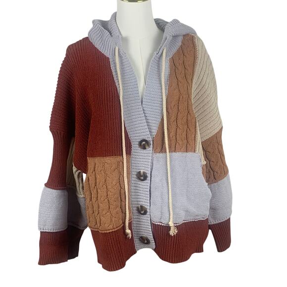 POL New Colorblock Oversized Cardigan with Hood Neutral Colors Size Large - Picture 1 of 9
